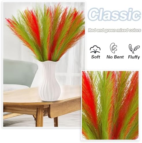 Faux Red Green Pampas 30PCS 17" for Christmas Floral Fillers