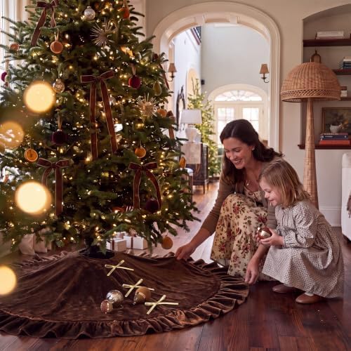 Velvet Christmas Tree Skirt, 60 Inches, Bow Style, Brown