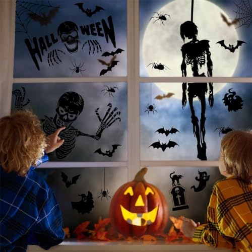 Halloween Skeleton Static Window Clings, Double Sided Ghost Bat Spider Stickers for Party