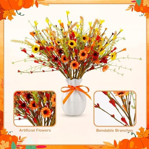 JUNEBRUSHS 12 Pack Fall Flowers, Artificial Autumn Floral Berry Picks Forsythia Stem for Thanksgiving Harvest Bouquet Floral Arrangements Garland Table Centerpieces Home Decor
