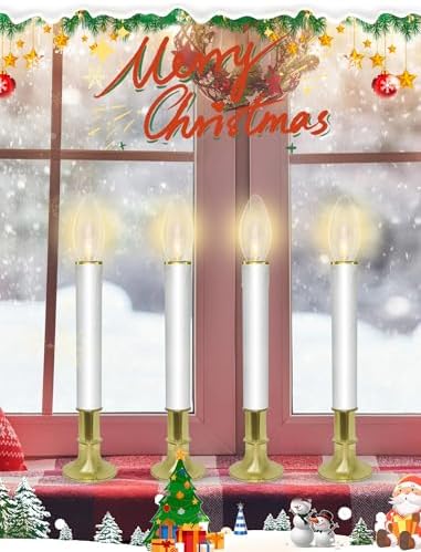 10 Pack Ultra-Bright LED Christmas Window Candles with Brass-Plated Base, Battery Operated Flameless Candles with LED C26 Warm White Bulbs Christmas Window Lights for Holiday Home Wedding Decorations