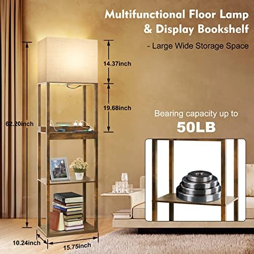 RUNTOP Floor Lamp with Shelves, Plus Shelf Lamp with Wireless Charger, 2 USB Port and Outlet, 1 Drawer, 15W LED Bulb, 3