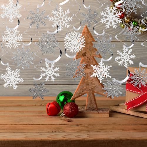 Snowflake Decorations, Christmas Hanging Decor, White Silver, 48-Pc