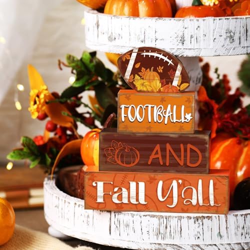 4 Pcs Fall Football Table Decor Football Wooden Blocks Signs with Sayings