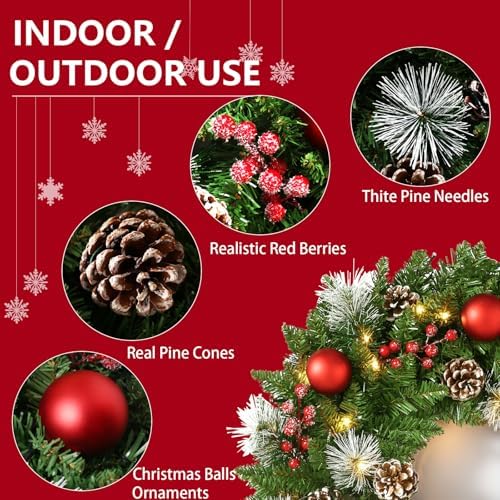 24 Inch Pre-Lit Artificial Christmas Wreath for Front Door, Christmas Door Decorations Wreath with LED Warm Lights, Balls, Pine Needles, and Red Berries Wall Windows Ornament