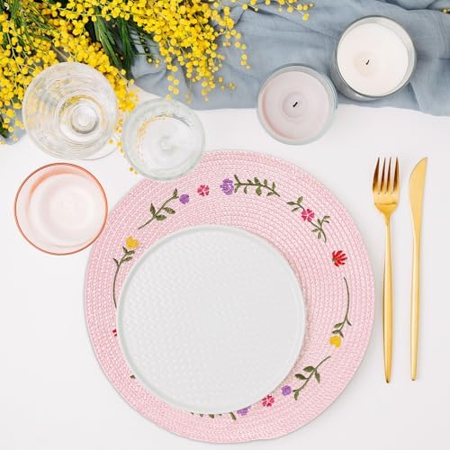 Whaline 4Pcs Spring Flower Embroidered Placemats Round Place Mats Pink Floral Dinner Table Mats for Home Holiday Wedding Bridal Baby Shower Birthday Party Decor