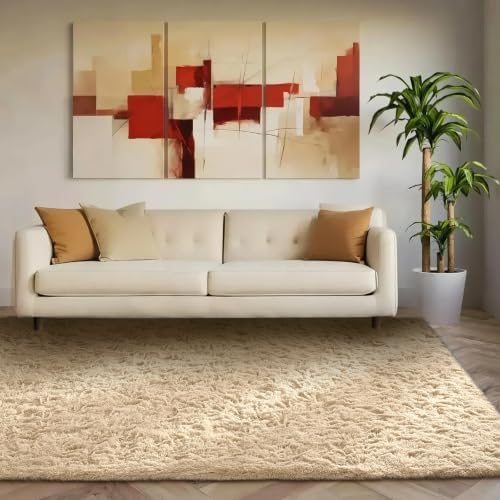 Ophanie Beige Rugs for Living Room Bedroom, 5x8 Fluffy Fuzzy Furry Carpet, Plush Soft Shaggy Bedside Indoor Floor Area