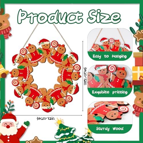 Merry Christmas Gingerbread Man Front Door Wreath, Xmas Wooden Gingerbread Boy Hanging Sign Christmastree Topper Ornament Wall Door Candy Hanger Outdoor Outside Porch Party Decor Supplies