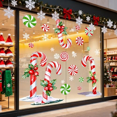 Whaline 13.8 x 35.4'' Extra Large Christmas Window Clings Red Green Candy Cane Holly Berry Window Stickers Double Sided Glass Decals for Winter Xmas Home Classroom Office Party Decoration, 3 Sheets
