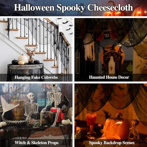 ZeeDix 6 Pack Black Halloween Creepy Cloth 30 × 75 Inch - Halloween Cheesecloth Decoration Spooky Scary Gauze Black Cheese Cloth for Party Supplies Outdoor Yard Home Wall Doorway