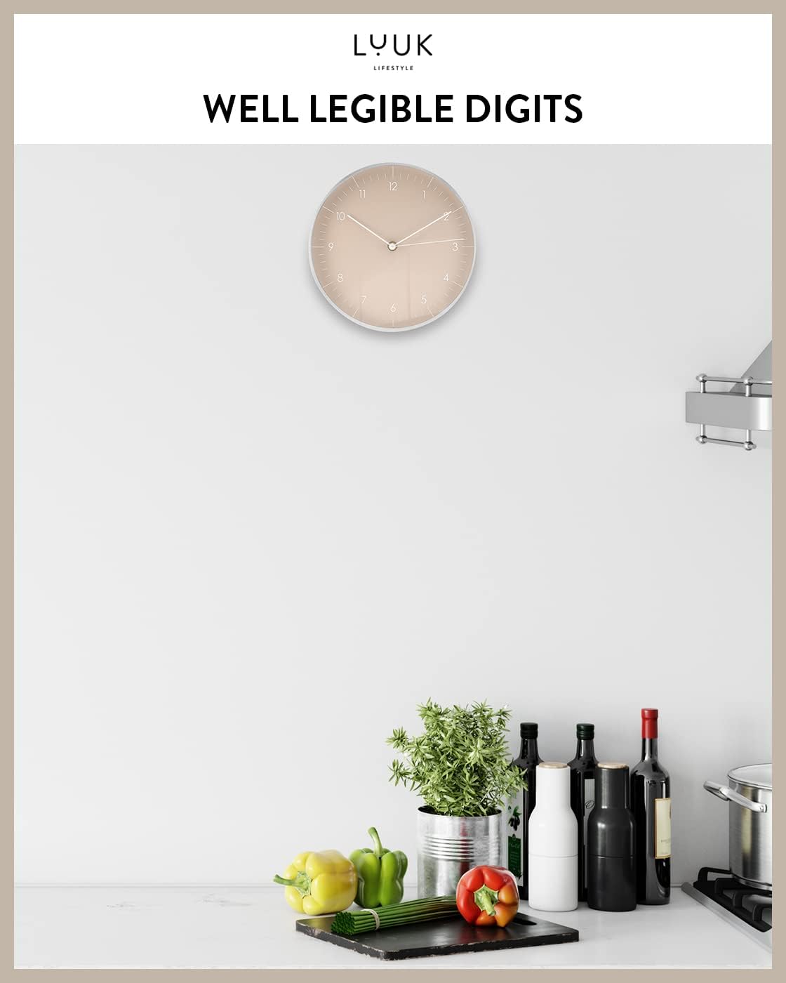 Modern Silent Quartz Wall Clock, 10in, Beige & Gold | Analog, Non-ticking, Modern & Minimalist design, Battery