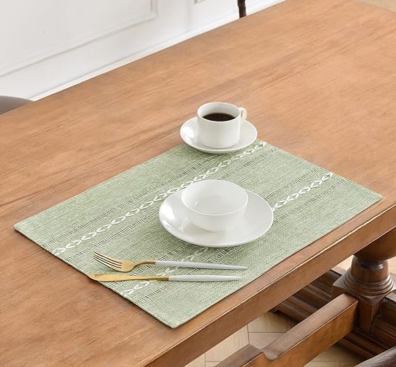 Wracra Cotton Linen Place Mats, Sage Green Embroidered Placemats Set of 6 | Placemats 12 x 18 Inch; Cotton Linen Woven