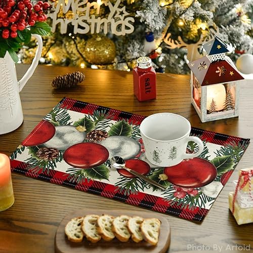 Artoid Mode Buffalo Plaid Holly Pine Cones Christmas Balls Placemats Set of 6, 12x18 Inch Seasonal Winter Table Mats for Party Kitchen Dining Decor