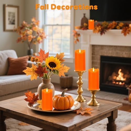 Orange Flameless Candles Set of 2, 6"x3" Fall Candles with Remote & Timer