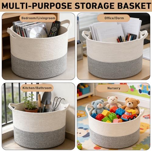 65L Large Blanket Basket,Woven Rope Laundry Basket-White&Grey