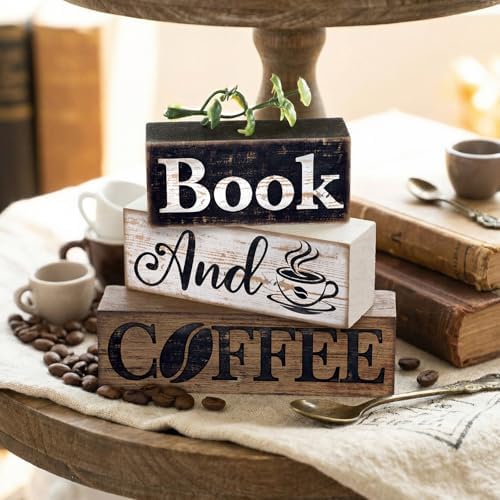 Moucuny 4 Pcs Farmhouse Table Decor Rustic Wooden Book and Coffee Signs