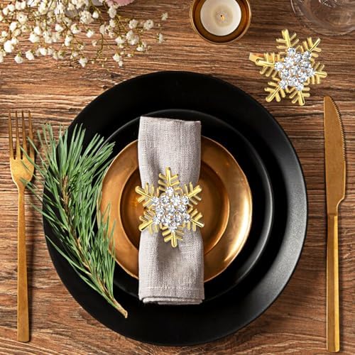Halatool Christmas Napkin Rings Set of 6, Gold Snowflake with White Rhinestone Napkin Holder for Christmas Thanksgiving Winter Holiday Place Setting, Weddings, Party Table Decoration