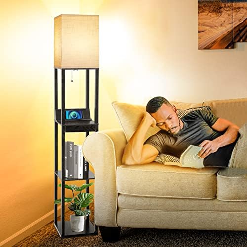 Floor Lamp with Shelves, RUNTOP LED Shelf Floor Lamp with Wireless Charger & 2 Charging USB Ports & Drawer, AC Outlet