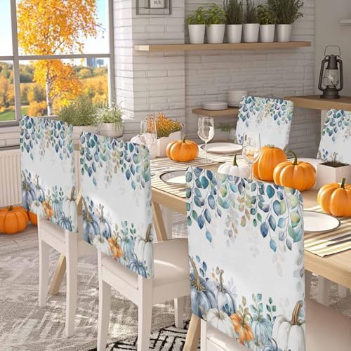 Fall Chair Covers Set of 4 Blue Eucalyptus Leaves Pumpkin Chair Slipcover Protector Removable Stretch Chair Covers Autumn Watercolor Leaf Thanksgiving Chair Back Covers for Dining Chairs Kitchen Party