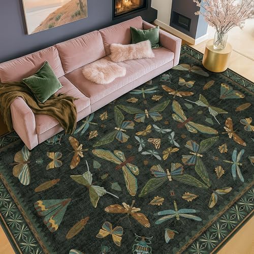 6x9 Dark Green Area Rugs for Dining Room - Rugs for Living Room, Bedroom Under Bed, Insect Moth Floral Non Slip Low