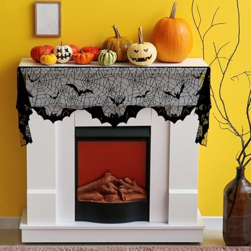 On-Airstore Halloween Mantle Scarf Bat Spider Web Fireplace Scarf Black Embroidered Lace Table Runner Mantle Cover for Halloween Fireplace Decoration Halloween Party Supplies 79 x 20 Inch