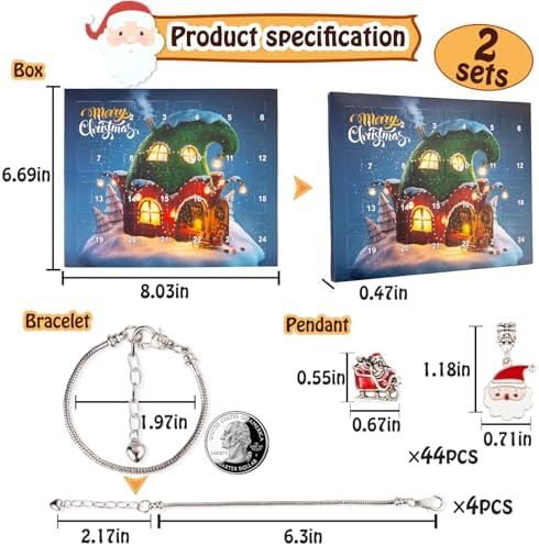 OuMuaMua 2 Sets of Christmas Advent Calendar Bracelets 2026 for Girls 24 Days Xmas Countdown Calendar DIY Jewelry Making Kit Gifts 44 Charm Beads 4 Bracelets for Kids Teens Women