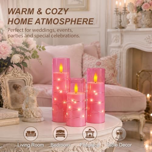 Raycare Flameless Battery Operated Pillar Candles with Remote Timer, Pink