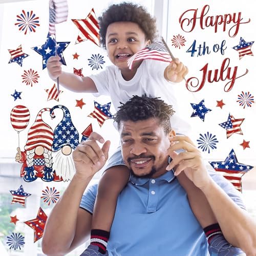Whaline 6 Sheets Patriotic Window Clings Happy 4th of July Window Decal USA Gnome Star Firework Reusable Glass Sticker for Independence Day Memorial Day Home Party Decor