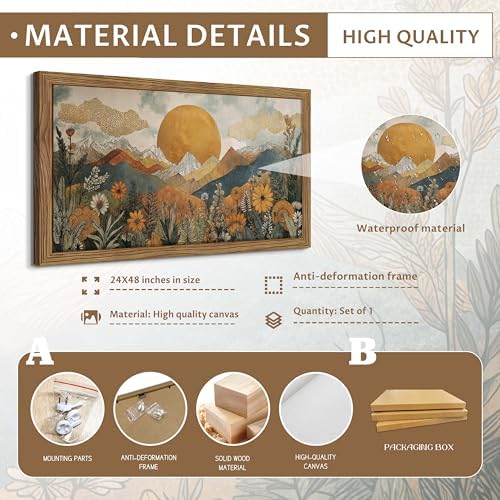 Framed Boho Landscape Large Wall Art, Abstract Sun Mountain Canvas Wall Decor Painting, Modern Floral Botanical