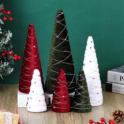 6 Pcs 12" 10" 6" Velvet Christmas Cone Tree Decorations Christmas Flocked Table Centerpieces Decor Farmhouse Tiered Tray Foam Ornaments Xmas Tree for Home Holiday Entryway Tabletop Centerpiece Decor
