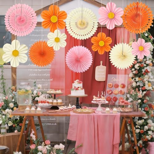ADLKGG Orange Pink Floral Wall Backdrop, Groovy Sunset Party Decorations