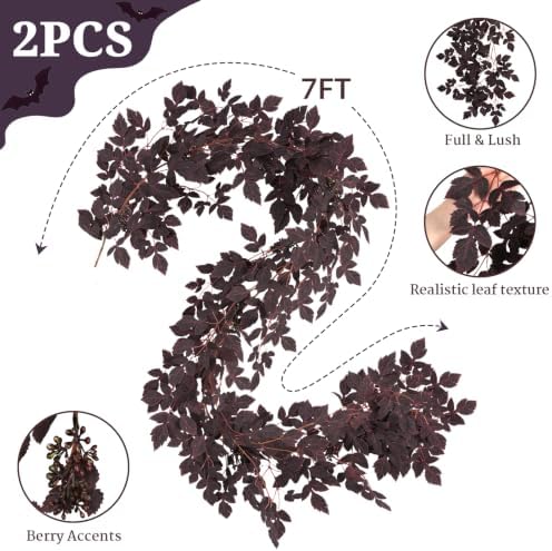 Fall Garland for Mantle, 2 Pack 7 Ft Plum Cimicifuga Seeded Leaf Garlands