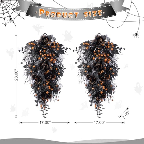 Glitzhome Halloween Wreath and Teardrop Swag Set, 3 Piece Black Rose Collection with a Spooky Lighted Bat Wreath and Swag, Elegant Gothic Floral Decor for Door, Mantle or Wall