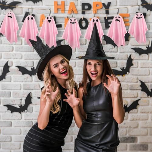 16 Pack Halloween Small Hanging Ghost 8.27Inch Pink Ghosts Tree Ornaments for Front Yard Porch Patio Lawn Garden Indoor Outdoor Holiday Party Decor
