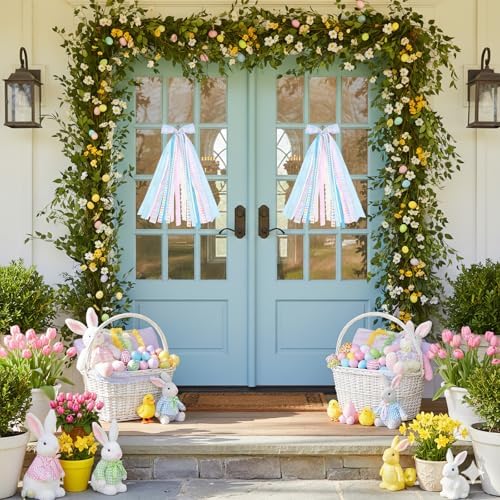 Wreath Sash Ribbon Bow Blue Bows Bunny Egg Wreath Bow Clip-On Wreath Sash for Front Door Spring Holiday Wreath Wall Indoor Outdoor Party Holiday Decorations