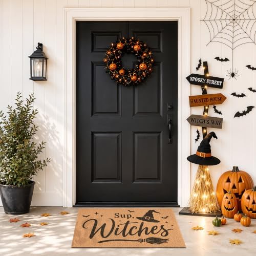 Halloween Door Mat Sup Witches Welcome Mat with Hat Broom Bat 17" x 29.5"