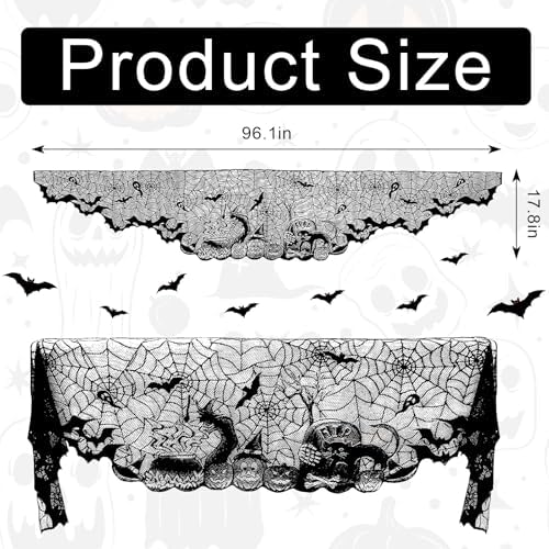 On-Airstore Halloween Mantle Scarf Pumpkin Bat Spider Web Fireplace Scarf Black Embroidered Lace Table Runner Mantle Cover for Halloween Fireplace Decoration Halloween Party Supplies 96 x 18 Inch