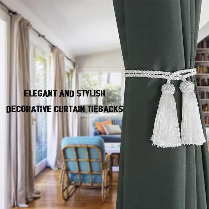 BEL AVENIR 6 Pack Handmade Rope Tassel Curtain Tiebacks | Decorative Curtain Holdbacks with Tassel (White, 6 Pack)