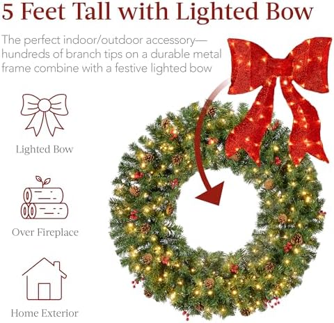 Best Choice Products 60in Pre-Lit Christmas Wreath w/Berries & Pinecones, Large Artificial Indoor/Outdoor Decor for Door, Mantel w/Red Bow, Plug-in