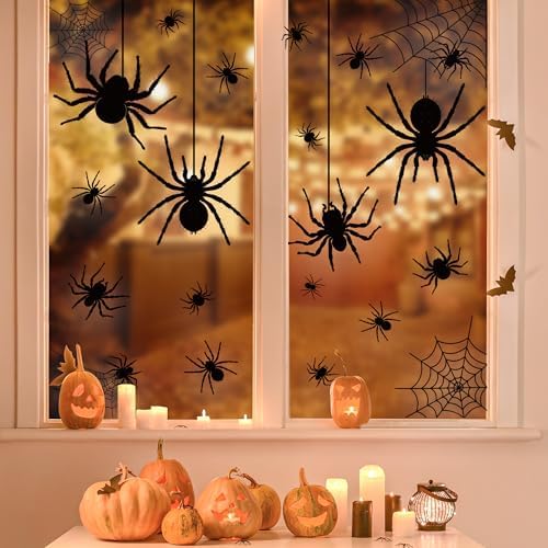 9 Sheets Halloween Window Clings Extra Large Black Spider Window Decals Scary Spider Web Silhouette Windows Stickers Double Sided Windows Clings for Halloween Home School Office Glass Party Decor
