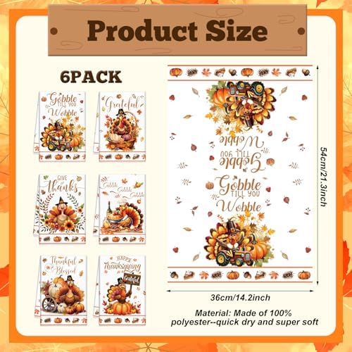 Ganeen 6 Pcs Thanksgiving Turkey Kitchen Towels, Vintage Fall Hand Towels