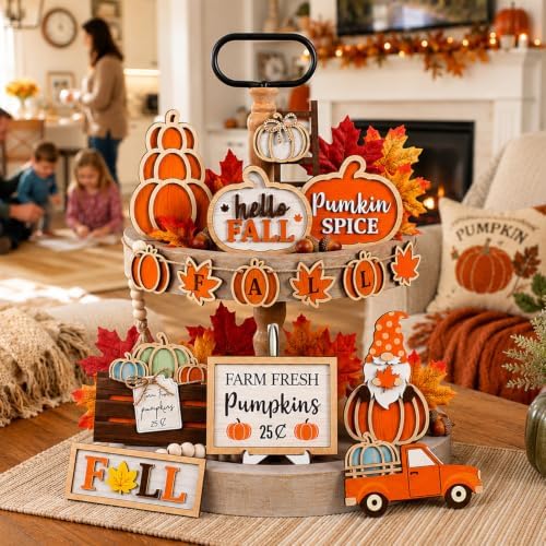 Fall Tiered Tray Decor, 18Pcs Wooden Autumn Pumpkin Table Decorations Set