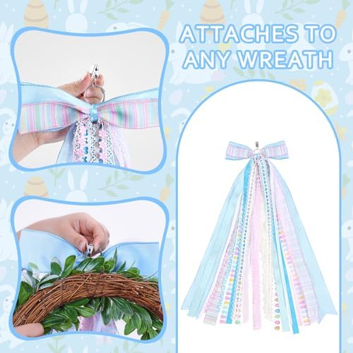 Wreath Sash Ribbon Bow Blue Bows Bunny Egg Wreath Bow Clip-On Wreath Sash for Front Door Spring Holiday Wreath Wall Indoor Outdoor Party Holiday Decorations