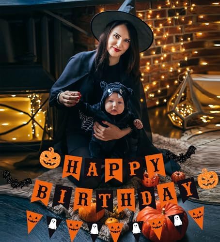 PTFNY Halloween Birthday Banner with Pumpkin and Bat Signs - Black & Orange Themed Party Decor for Wall & Fireplace