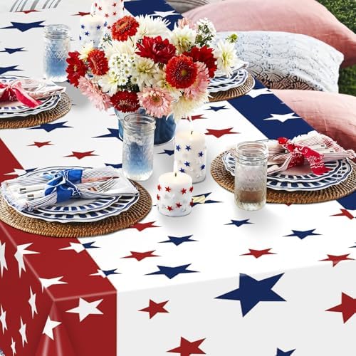 Gistome 3 Pack 54 x 108 Inch 4th of July Plastic Tablecloths, Red White Blue Stars Disposable Rectangle Table Covers for Independence Day Memorial Day Party Decorations