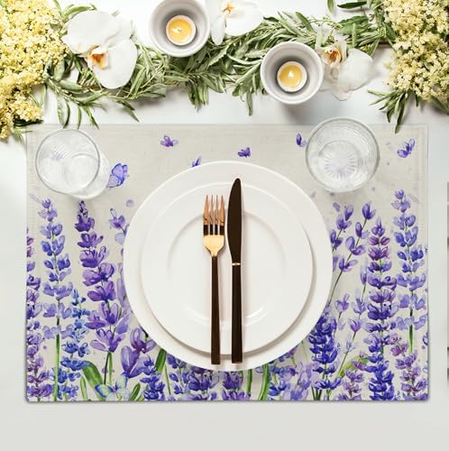 Lavender Placemats Set of 4 Purple Flower Butterfly Linen Fabric Table Mats Seasonal Spring Summer Rustic Floral Placemat Farmhouse Decorative Washable Place Mats for Home Kitchen Dining Table