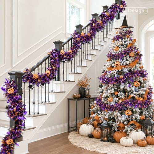 KINGLAKE Halloween Black Orange Purple Tinsel Garland 33 FT