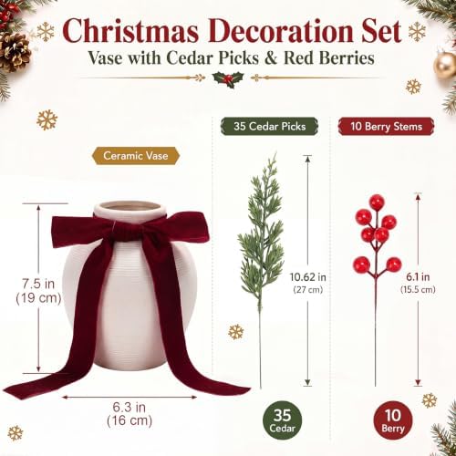 47 Pcs Christmas Table Centerpieces Set, Ceramic Vase with Pine Branches