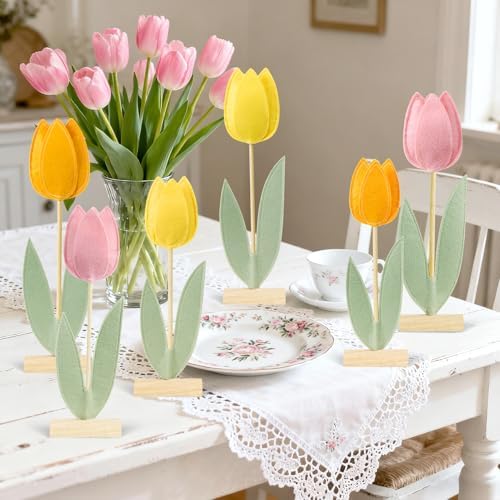 SUNBEAUTY 6Pc Tulips Flower Table Decoration Tulip Felt Centerpiece Pink Yellow Orange Mothers Day Decorations Tabletop Signs for Easter Garden Home Party Classroom Teacher Table Decor