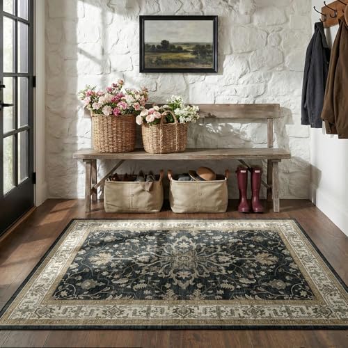 RELEANY Washable Area Rug, 3'x5', Black/Vintage/Beige